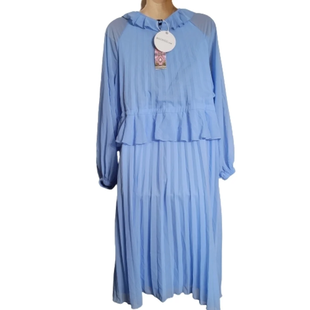Boohoo Blue Pleated Long Sleeve Ruffle Midi Smock Dress Size Women's 6 NEW
